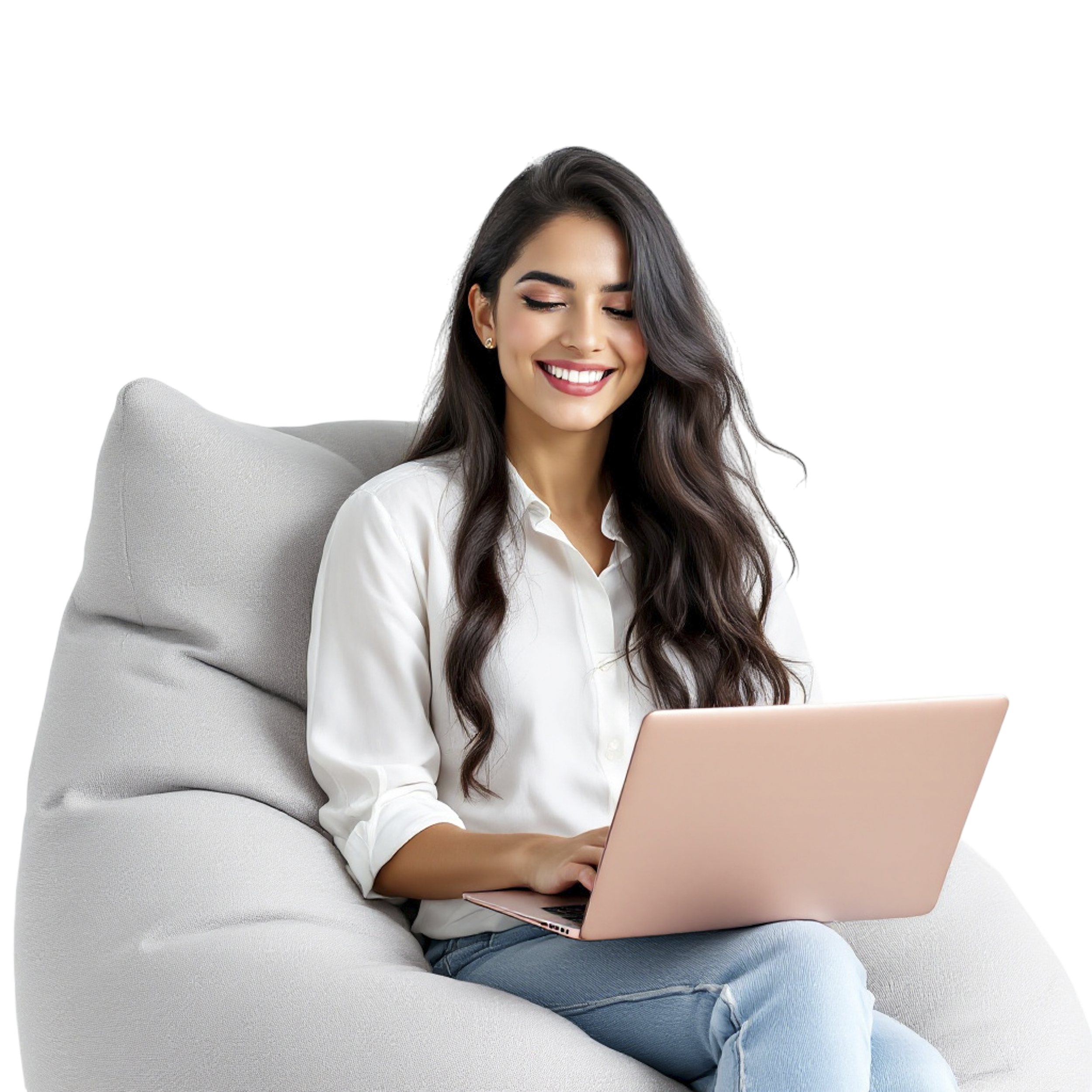 a-woman-sitting-on-a-bean-bag-chair-with-a-laptop_57227897